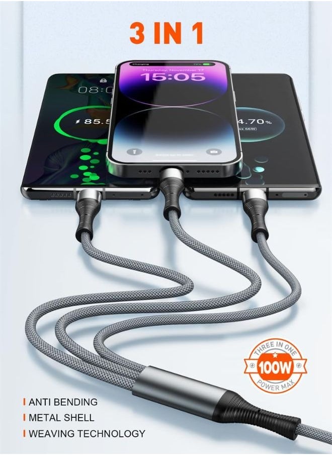 LDNIO 3-in-1 100W Type-C Cable, High-Speed Type-C, Lighting, Micro Charging & Data Transfer Cable with USB-C Connectors for Laptops, Smartphones, Tablets, and Accessories, Supports Up to 100W Power Delivery, Compatible with Apple, Dell, Samsung, Huawei, Honor Google, and More- (1.2M) Black  - Image 2
