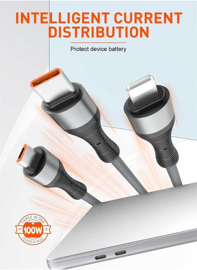 LDNIO 3-in-1 100W Type-C Cable, High-Speed Type-C, Lighting, Micro Charging & Data Transfer Cable with USB-C Connectors for Laptops, Smartphones, Tablets, and Accessories, Supports Up to 100W Power Delivery, Compatible with Apple, Dell, Samsung, Huawei, Honor Google, and More- (1.2M) Black  - Image 4