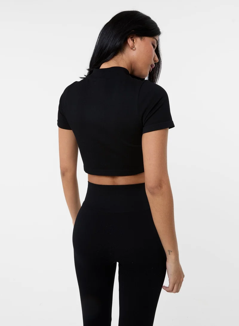 بينك فانيلا بلوزة قصيرة بأكمام قصيرة وسحاب مزدوج