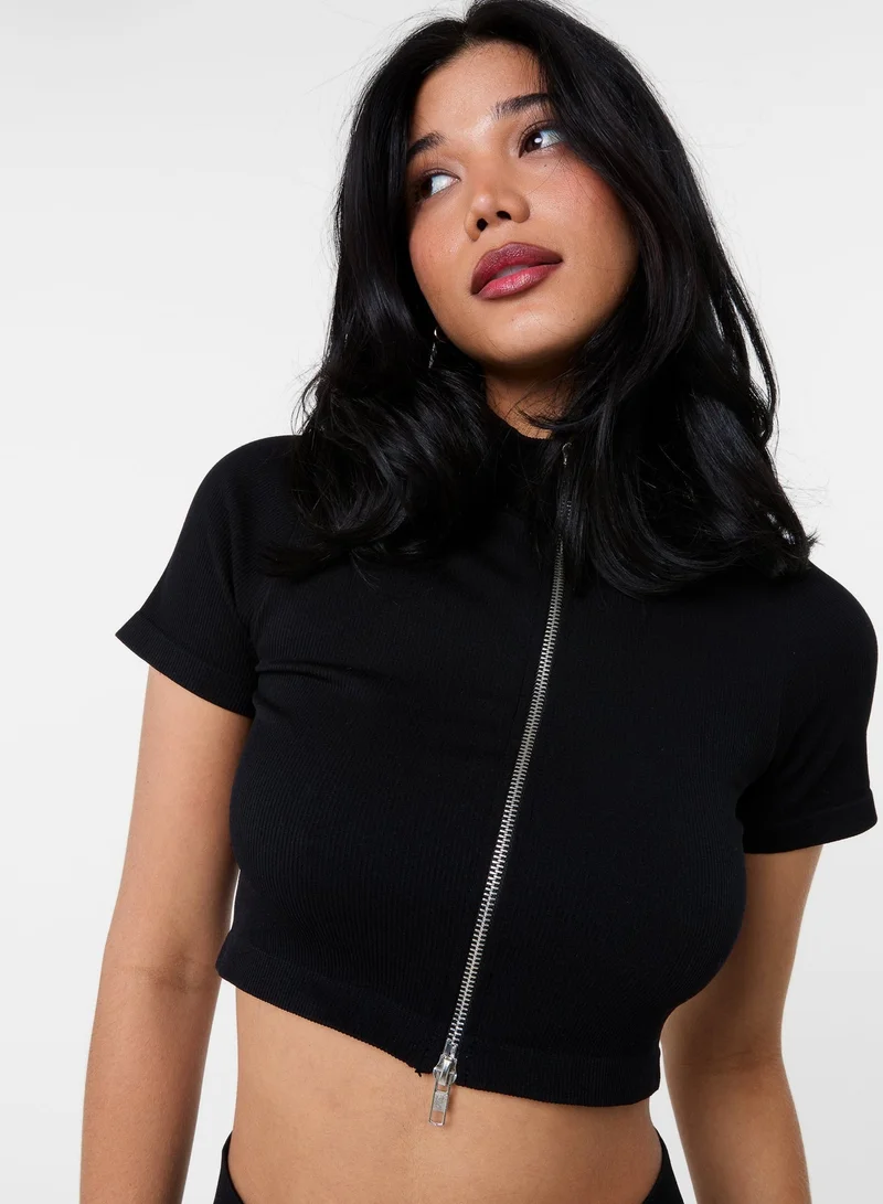 Pink Vanilla  Double Zip Short Sleeve Rib Top for Women | Best Price UAE