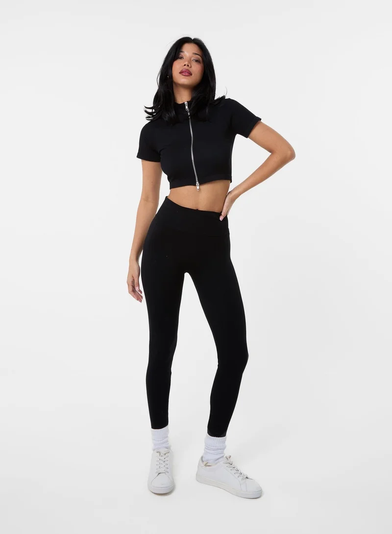Pink Vanilla  Double Zip Short Sleeve Rib Top for Women | Best Price UAE