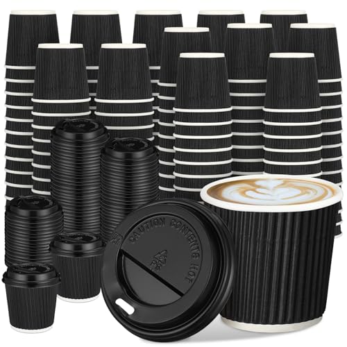 Uiifan 100 Set 4oz Disposable Espresso Cups with Lids Ripple Corrugated Paper Disposable Coffee Insulated Hot Ripple Cups for hot Chocolate Tea and Cocoa DrinksBlack