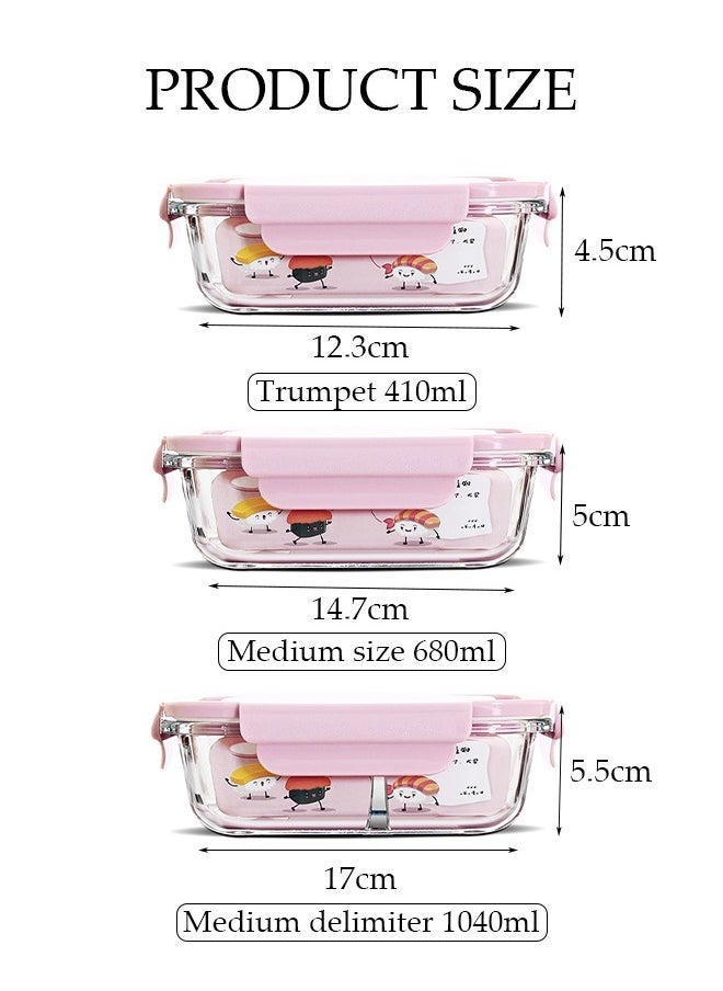 Arabest - 3 Pieces Glass Kitchen Meal Preparation Container, Glass Meal Boxes, Glass Bowls 410ml, 680ml, 1040ml, Refrigerator Frozen Food Sealed Preservation Box, Microwave Heating Glass Meal Box, Pink Color - Image 1