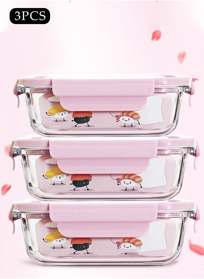 Arabest - 3 Pieces Glass Kitchen Meal Preparation Container, Glass Meal Boxes, Glass Bowls 410ml, 680ml, 1040ml, Refrigerator Frozen Food Sealed Preservation Box, Microwave Heating Glass Meal Box, Pink Color - Image 1