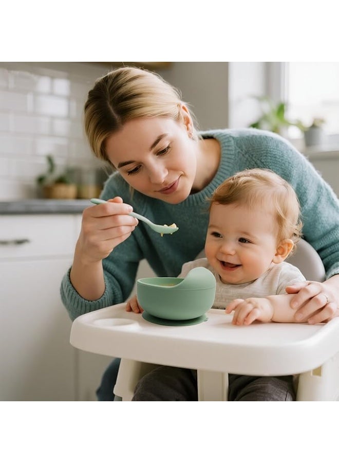 طقم تغذية اطفال سيليكون 10 قطع خالي من BPA | وعاء بشفط وصحن مقسم مع ملاعق وشوك وكوب ومريلة | آمن ومتين للرضع والأطفال الصغار (أخضر) - Image 2