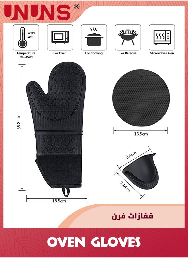 UNUNS مجموعة قفازات الفرن وحوامل الأواني، قفازات فرن طويلة للغاية من السيليكون المقاوم للحرارة مع وسادات ساخنة وقفازات فرن صغيرة لشواء المطبخ والخبز، وبطانة مبطنة، عبوة سوداء مكونة من 6 قطع  - Image 5