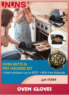UNUNS Oven Mitts And Pot Holders Set,Heat Resistant Silicone Waterproof Extra Long Oven Gloves With Hot Pads And Mini Oven Mittens For Grilling Kitchen Cooking Baking,Quilted Lining,Black Pack of 6  - Image 2