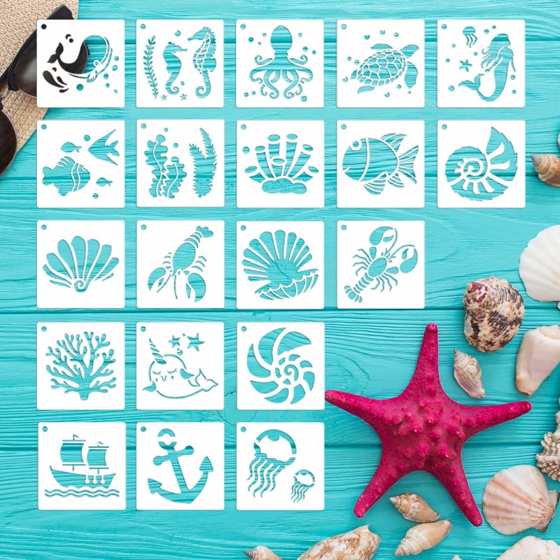 Summer Stencils for Painting 20PCS 3 Inch Plastic Beach Stencils for Crafts Reusable Small Stencils for Painting on Wood Canvas Rock Funny Sea Life Stencils for Home Decor  DIY Projects