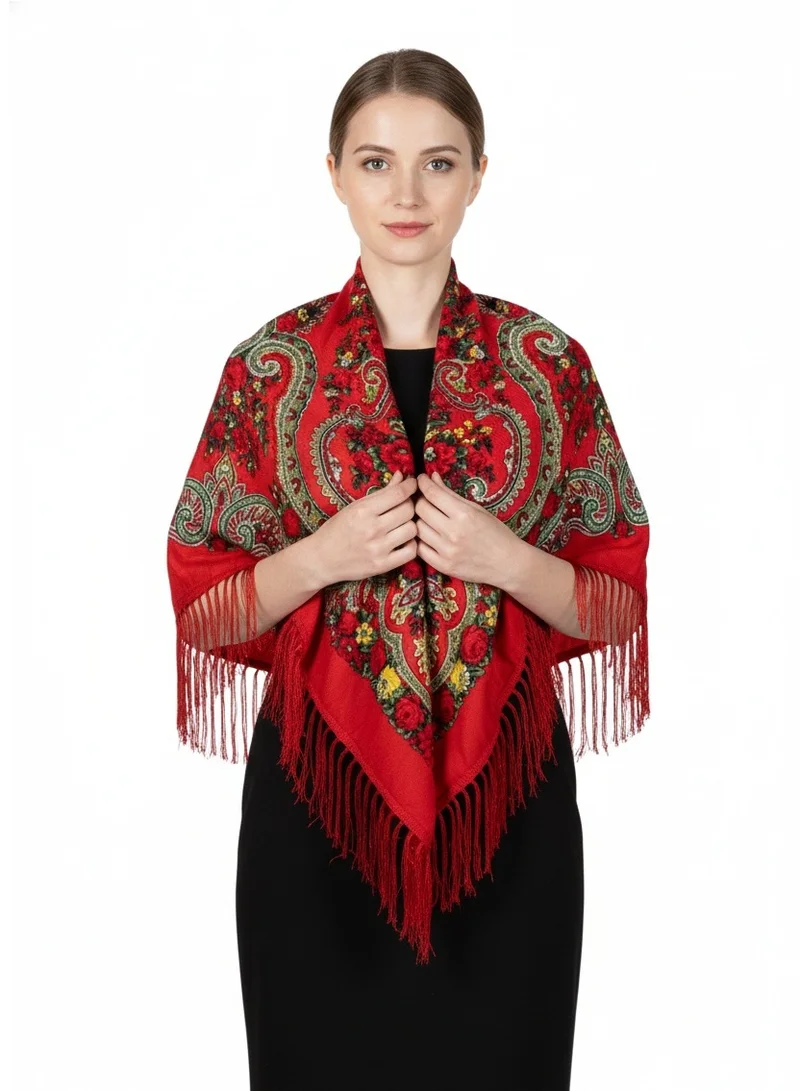 دىدانيالا Liliya Womens Scarves Traditional Eastern European  Square Cotton Long Tassel Print Shawl Red Flowers