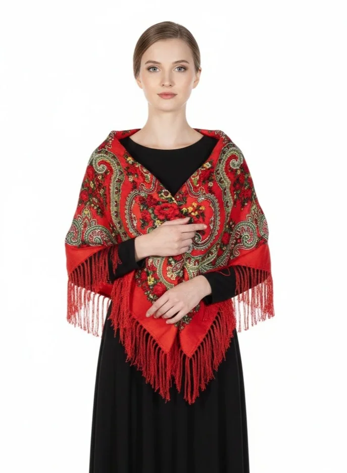 دىدانيالا Liliya Womens Scarves Traditional Eastern European  Square Cotton Long Tassel Print Shawl Red Flowers