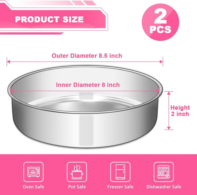 EWFEN 8 Inch Cake Pan Set of 2, Stainless Steel Round Layer Cake Baking Pans Tins, Non-Toxic & Healthy, Leak-proof & Easy Clean & Dishwasher Safe - Image 2