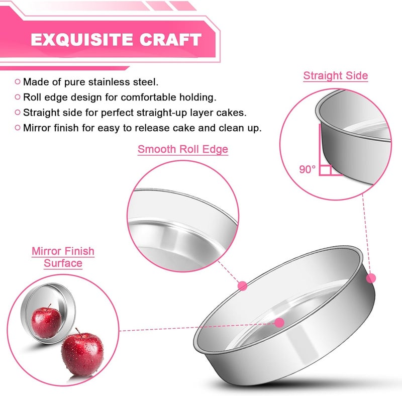 EWFEN 8 Inch Cake Pan Set of 2, Stainless Steel Round Layer Cake Baking Pans Tins, Non-Toxic & Healthy, Leak-proof & Easy Clean & Dishwasher Safe - Image 3