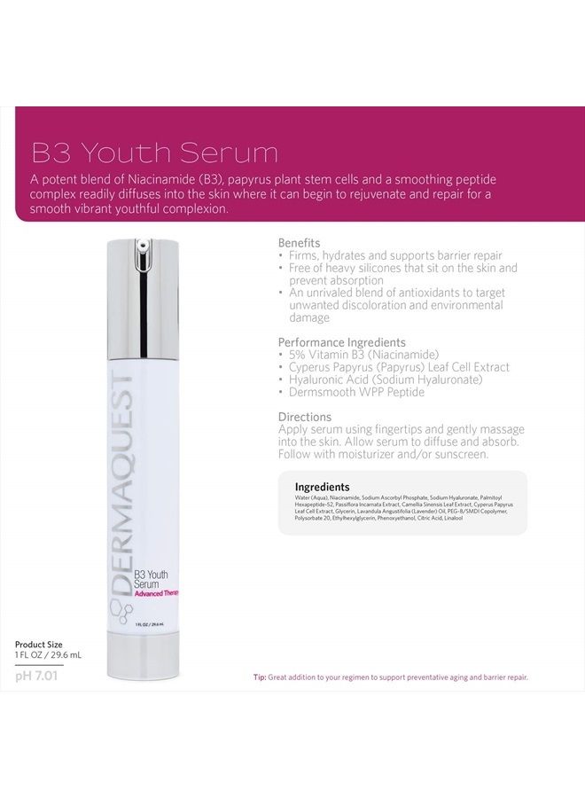 DermaQuest Advanced Therapy B3 Youth Serum - Hyaluronic Acid & Vitamin B3 Anti Wrinkle Serum - Firming, Hydrating and Supporting Barrier Repair (1oz) - Image 3