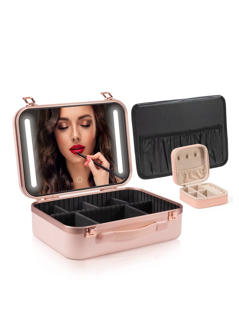 Captaintech Makeup Travel Lighted Case with Large LED Light Mirror Coetic Bag Organizer Professional Adjustable Divider Storage, Waterproof Portable Make up Train Box Accessories And Tools Case (Pink) - Image 1