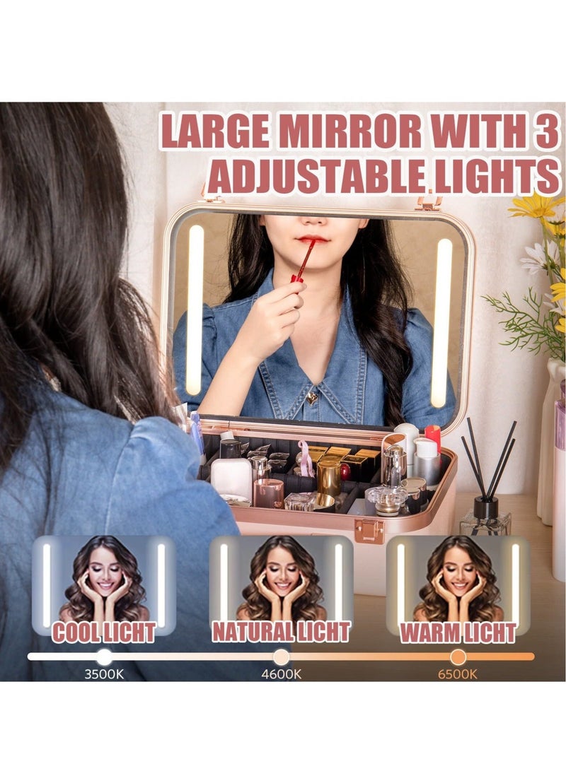 Captaintech Makeup Travel Lighted Case with Large LED Light Mirror Coetic Bag Organizer Professional Adjustable Divider Storage, Waterproof Portable Make up Train Box Accessories And Tools Case (Pink) - Image 3
