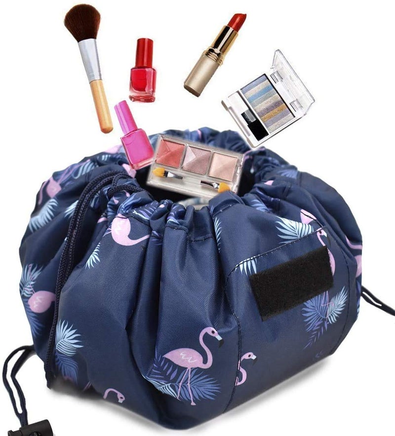 ERHETUS Stylish Portable Lazy Cosmetic Bag with Drawstrings | Convenient & Waterproof Makeup Pouch for Girls | Large Capacity Storage Pouches | Toiletry Bags for Women (Navy Flamingo) - Image 4