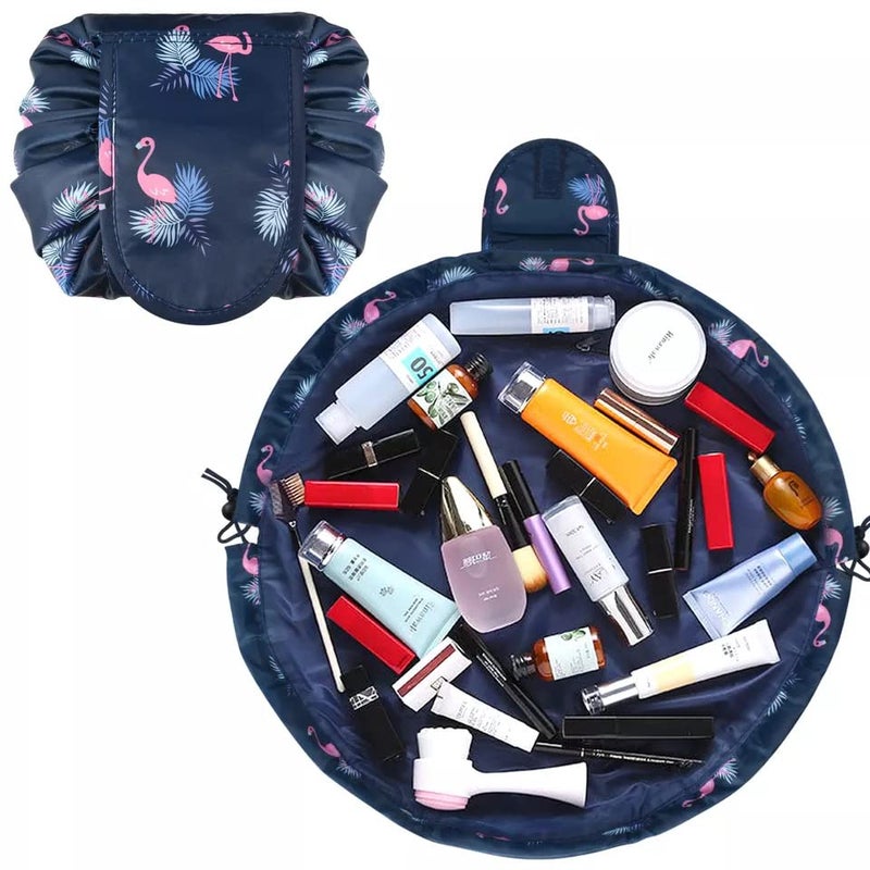 ERHETUS Stylish Portable Lazy Cosmetic Bag with Drawstrings | Convenient & Waterproof Makeup Pouch for Girls | Large Capacity Storage Pouches | Toiletry Bags for Women (Navy Flamingo) - Image 3