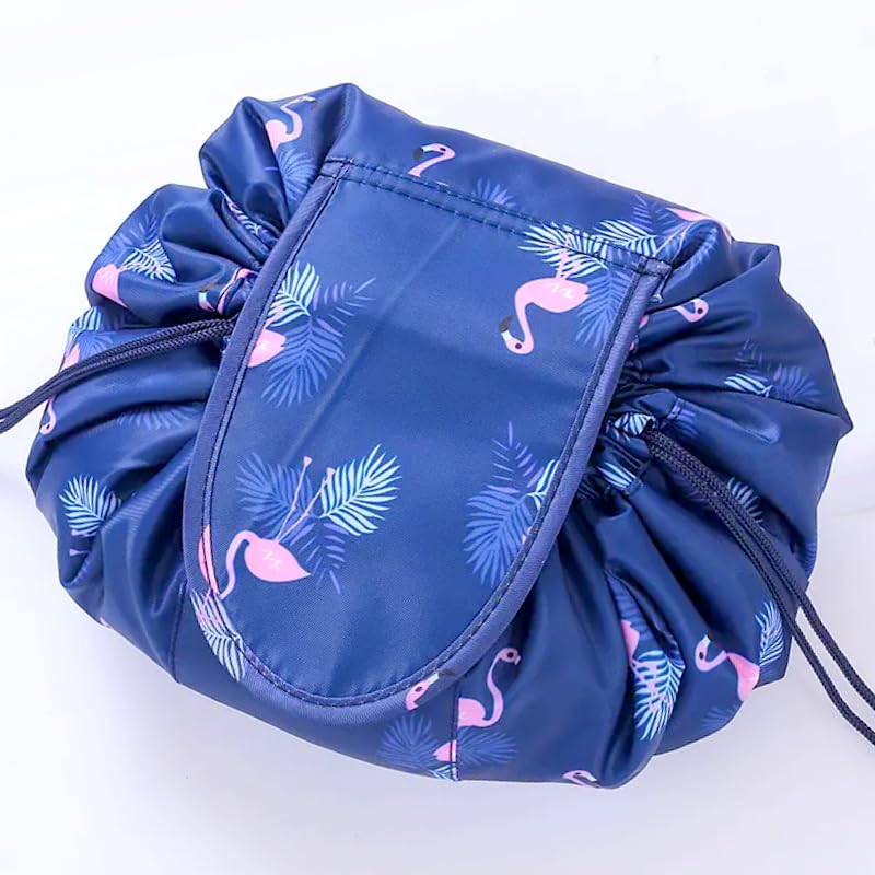 ERHETUS Stylish Portable Lazy Cosmetic Bag with Drawstrings | Convenient & Waterproof Makeup Pouch for Girls | Large Capacity Storage Pouches | Toiletry Bags for Women (Navy Flamingo) - Image 1