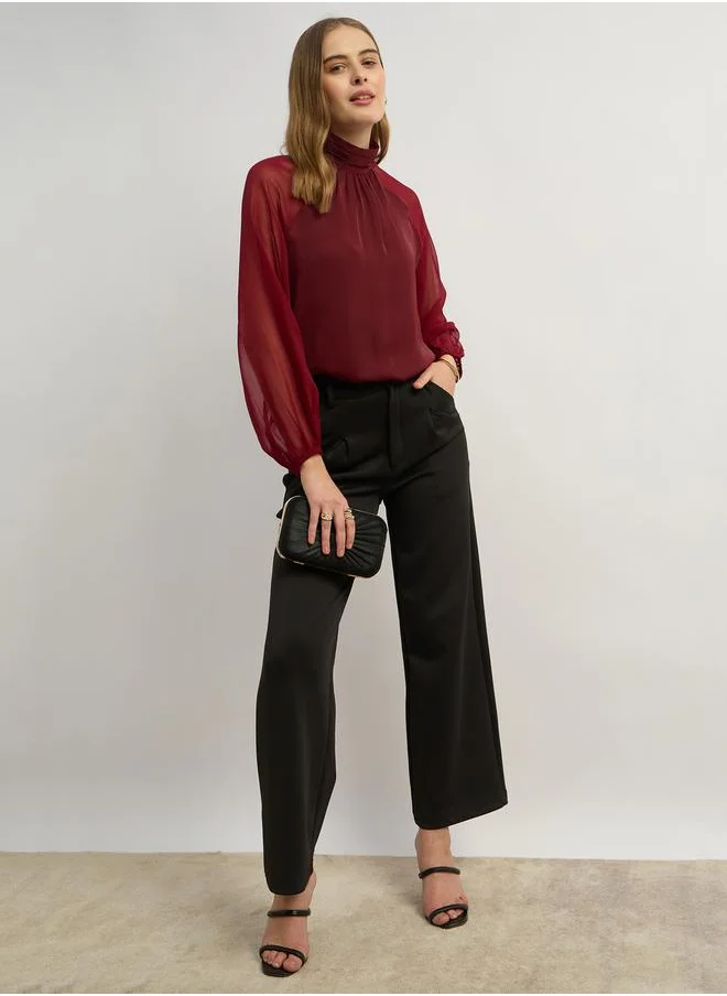 Styli Balloon Sleeve High Neck Blouse