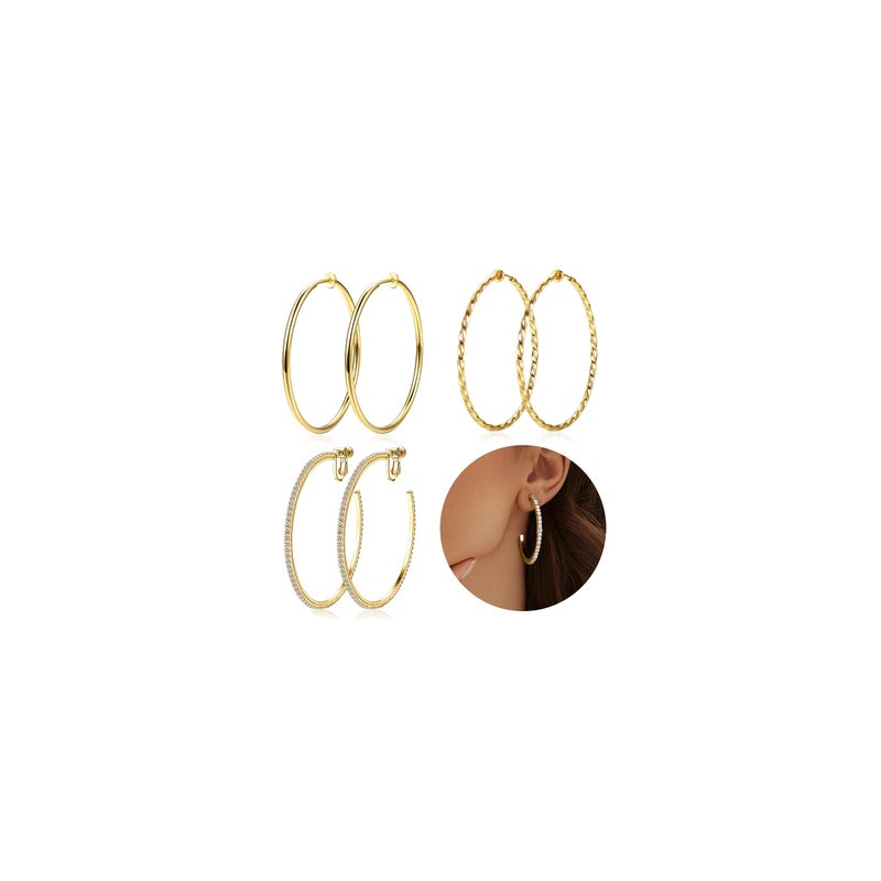 Adramata Clip On Hoop Earrings for Women Non Pierced Ears,14K Gold Plated Clip On Earrings Non Piercing Big Stainless Steel Fake Hoops Lightweight 30-60mm 14K Gold Plated Hoops 30mm - Image 1