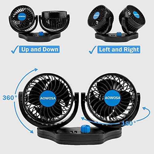 AOWOSA Car Fans 12V Electric Cooling Rear Seat Headrest Vehicle Fan with Cigarette Lighter Plug 2 Speed, 360 Degree Adjustable Dual Head Automobile Fan for Truck Van SUV RV Boat Auto - Image 2