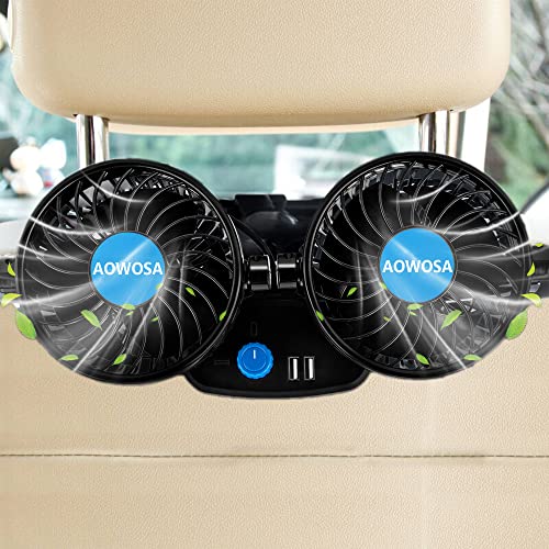 AOWOSA Car Fans 12V Electric Cooling Rear Seat Headrest Vehicle Fan with Cigarette Lighter Plug 2 Speed, 360 Degree Adjustable Dual Head Automobile Fan for Truck Van SUV RV Boat Auto - Image 1