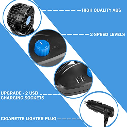 AOWOSA Car Fans 12V Electric Cooling Rear Seat Headrest Vehicle Fan with Cigarette Lighter Plug 2 Speed, 360 Degree Adjustable Dual Head Automobile Fan for Truck Van SUV RV Boat Auto - Image 4