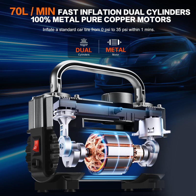 GSPSCN 6X Faster Inflation Tire Inflator Heavy Duty Double Cylinders with Portable Bag- Car Accessoriesï¼ŒMetal 12V Air Compressor Pump 150PSI with Adapter for Car, Truck, SUV Tires, Dinghy, Air Bed - Image 5