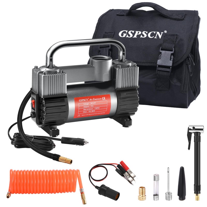GSPSCN 6X Faster Inflation Tire Inflator Heavy Duty Double Cylinders with Portable Bag- Car Accessoriesï¼ŒMetal 12V Air Compressor Pump 150PSI with Adapter for Car, Truck, SUV Tires, Dinghy, Air Bed - Image 1
