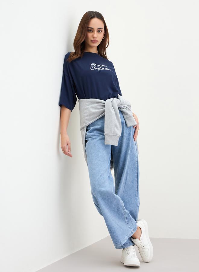 Styli Navy Blue Embroidered Oversized T-Shirt - Image 2