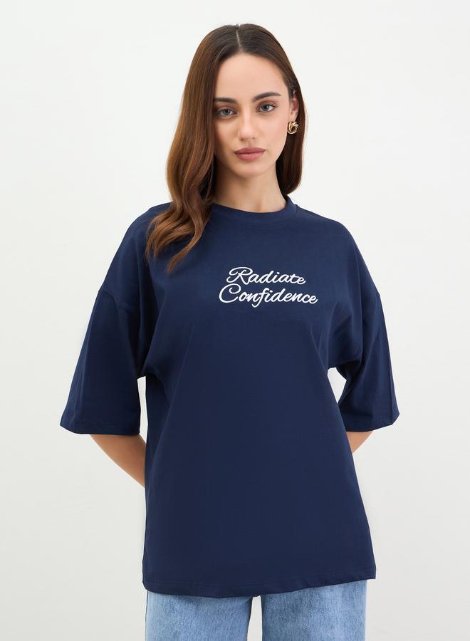Styli Navy Blue Embroidered Oversized T-Shirt - Image 3