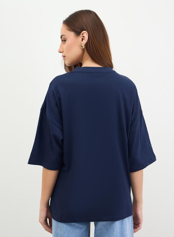 Styli Navy Blue Embroidered Oversized T-Shirt - Image 5