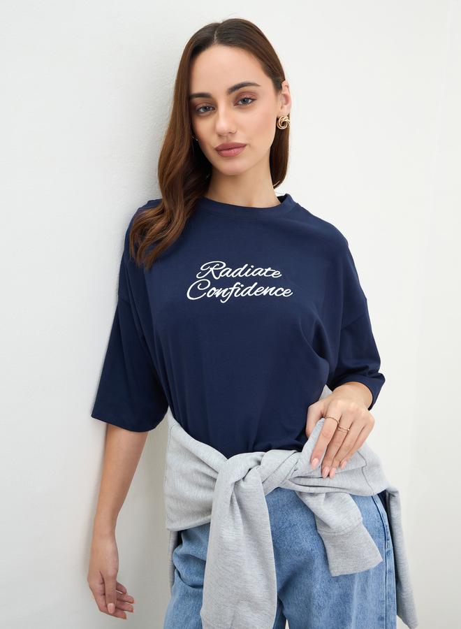 Styli Navy Blue Embroidered Oversized T-Shirt - Image 1