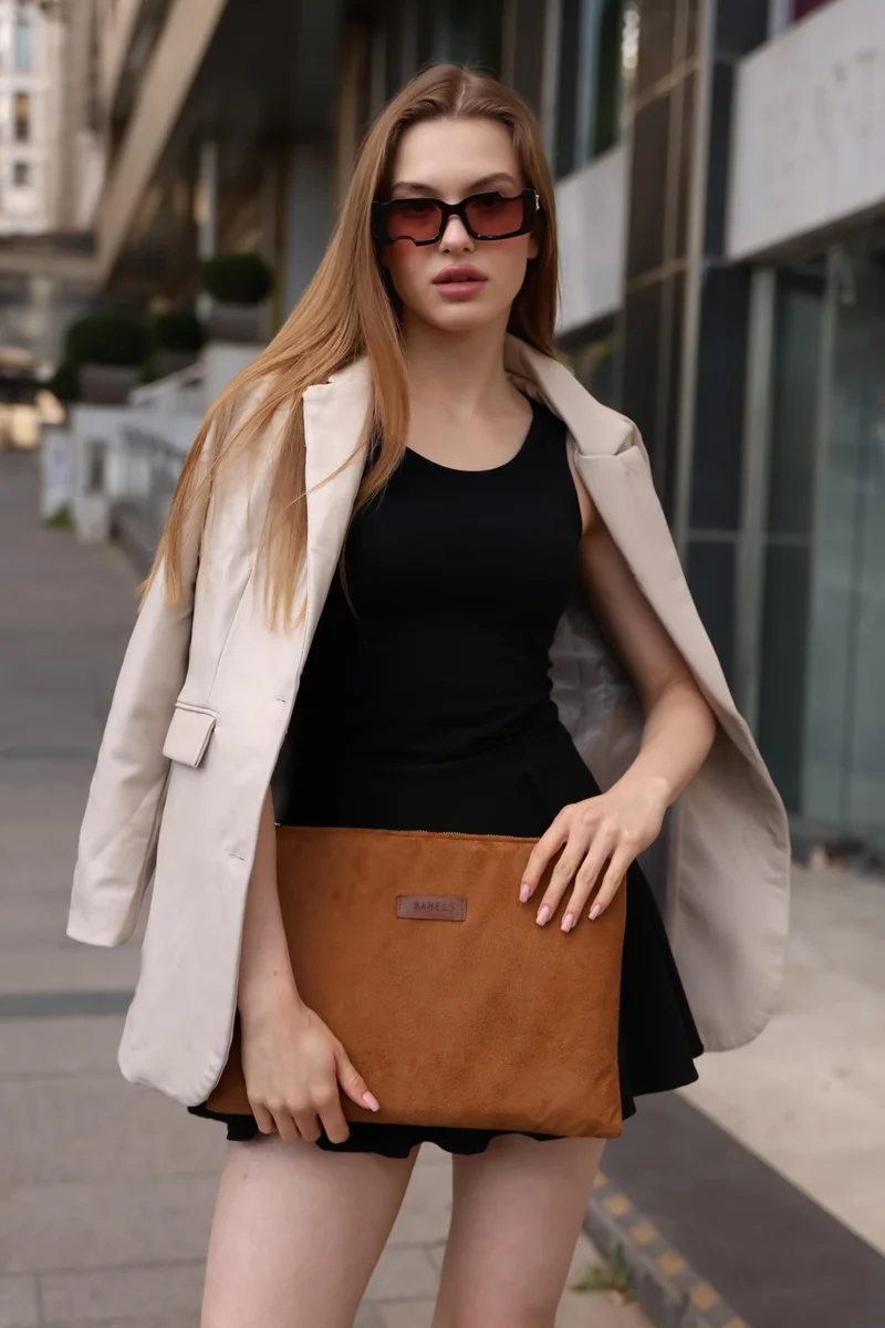Bahels Women Camel Suede Clutch Bag