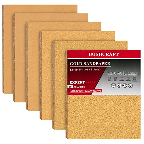 BOSHCRAFT 50 Pcs 1/4 Sheet Sandpaper, Premium Sand Paper 80/120/150/220/320/400 Grit Sandpaper Sheet Sand Paper Assortment for Wood Metal Automotive Palm Sanders 5.5" x 4.5" - Image 1