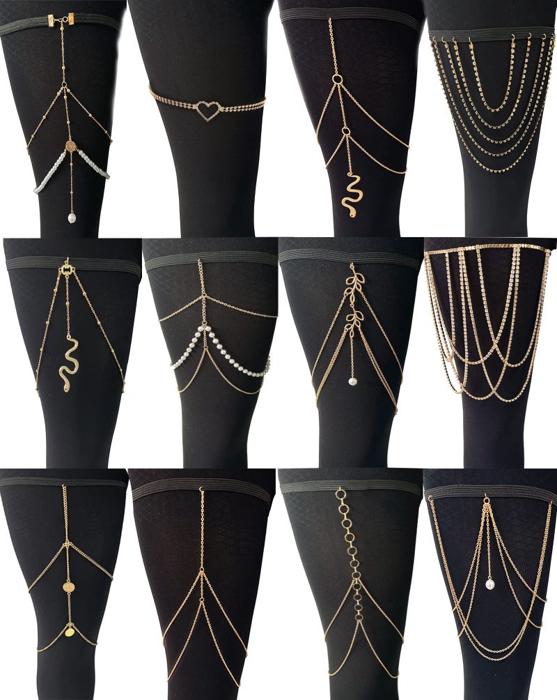 Tornito 12Pcs Thigh Chains Snake Heart Pearl CZ Leg Chain Boho Layered Body Chain Summer Beach Party Body Jewelry for Women Gold Tone - Image 1