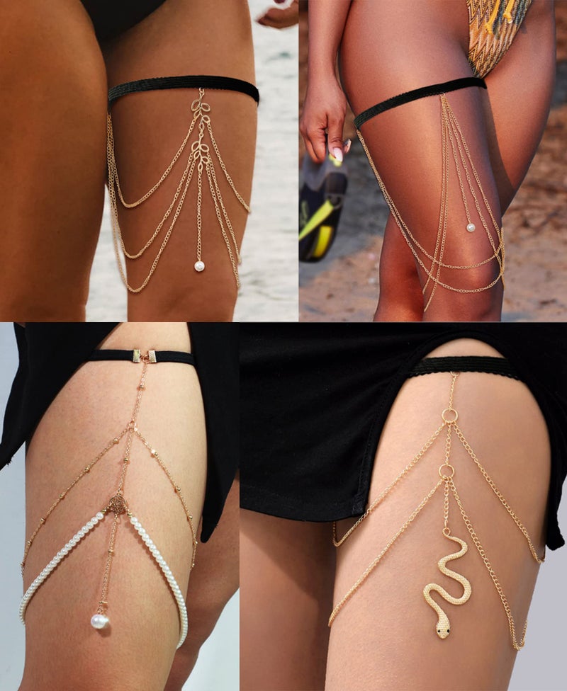 Tornito 12Pcs Thigh Chains Snake Heart Pearl CZ Leg Chain Boho Layered Body Chain Summer Beach Party Body Jewelry for Women Gold Tone - Image 3