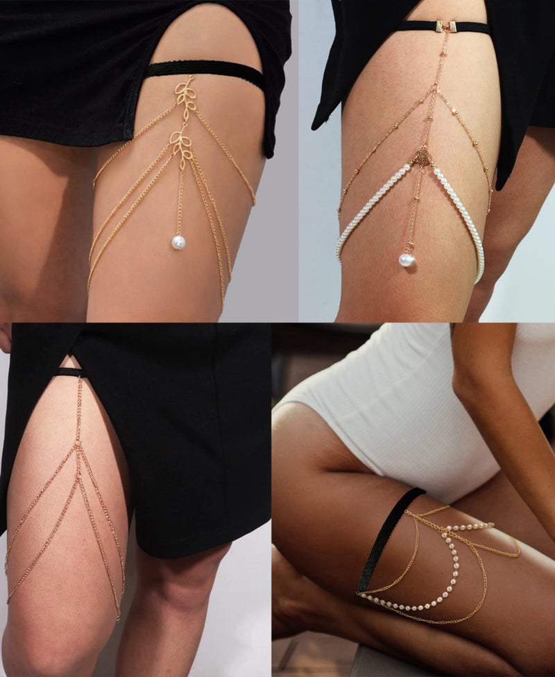 Tornito 12Pcs Thigh Chains Snake Heart Pearl CZ Leg Chain Boho Layered Body Chain Summer Beach Party Body Jewelry for Women Gold Tone - Image 4