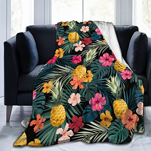 Perinsto Palm Leaves Hibiscus Flowers Hawaii Throw Blanket Ultra Soft Warm All Season Tropical Pineapples Fruit Decorative Fleece Blankets for Bed Chair Car Sofa Couch Bedroom 50X40