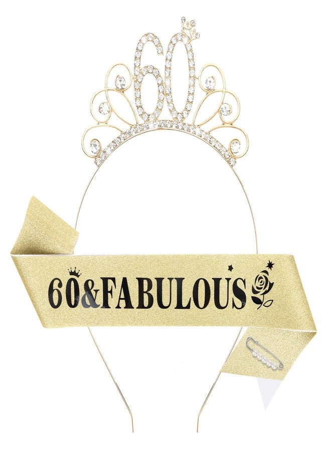 YARIEW 60th Birthday Headband + Sash + Tiara Set, '60 & Fabulous' Gold Birthday Crown & Sash for Women - Image 1