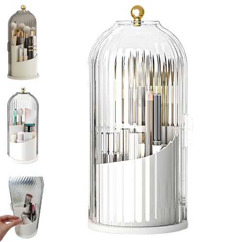 BUENLY Concealed Toothbrush Holder Rotating Bathroom Organizer Countertop Toothbrush Holders with Cover Bathroom Counter Organizer with Covered Makeup Brush Holder 1pcs White - Image 1
