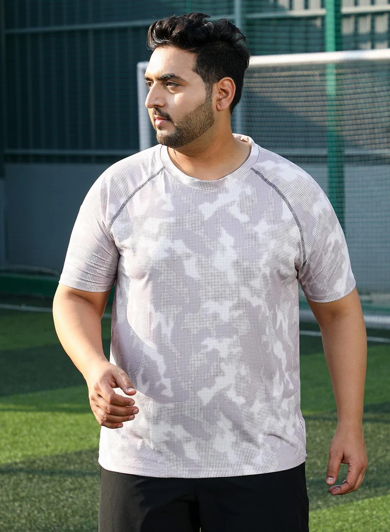 Instafab Plus Instafab Plus Men's Cream White & Slate Blue Abstract Topography Activewear T-Shirt For Casual Wear | V-Neck | Short Sleeves | Plus Size Jersey T-Shirt Crafted With Comfort Fit For Everyday Wear