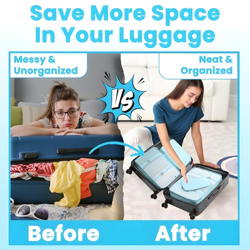 Oceanevo Set of 10 Pieces Packing Cubes Organiser for Travel, Travel Organizer Bags for Luggage, Suitcase Includes 2 Drawstring Bags, Shoe Bag and Toiletry Bag with Hook - Set of 10 - Sky Blue - Image 4
