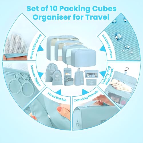 Oceanevo Set of 10 Pieces Packing Cubes Organiser for Travel, Travel Organizer Bags for Luggage, Suitcase Includes 2 Drawstring Bags, Shoe Bag and Toiletry Bag with Hook - Set of 10 - Sky Blue - Image 5