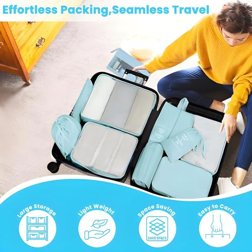 Oceanevo Set of 10 Pieces Packing Cubes Organiser for Travel, Travel Organizer Bags for Luggage, Suitcase Includes 2 Drawstring Bags, Shoe Bag and Toiletry Bag with Hook - Set of 10 - Sky Blue - Image 3