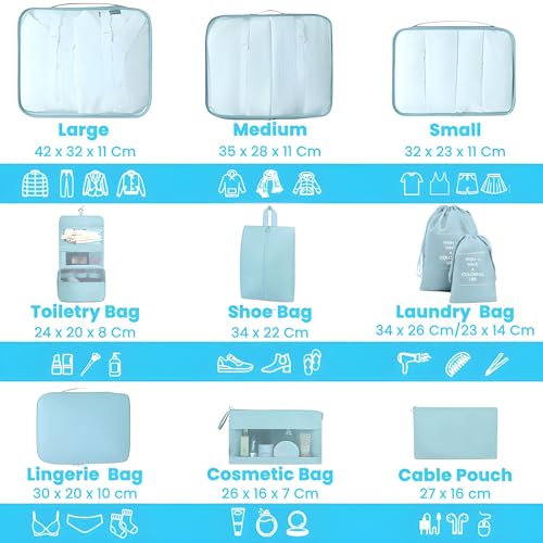 Oceanevo Set of 10 Pieces Packing Cubes Organiser for Travel, Travel Organizer Bags for Luggage, Suitcase Includes 2 Drawstring Bags, Shoe Bag and Toiletry Bag with Hook - Set of 10 - Sky Blue - Image 2