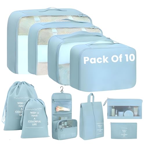 Oceanevo Set of 10 Pieces Packing Cubes Organiser for Travel, Travel Organizer Bags for Luggage, Suitcase Includes 2 Drawstring Bags, Shoe Bag and Toiletry Bag with Hook - Set of 10 - Sky Blue - Image 1