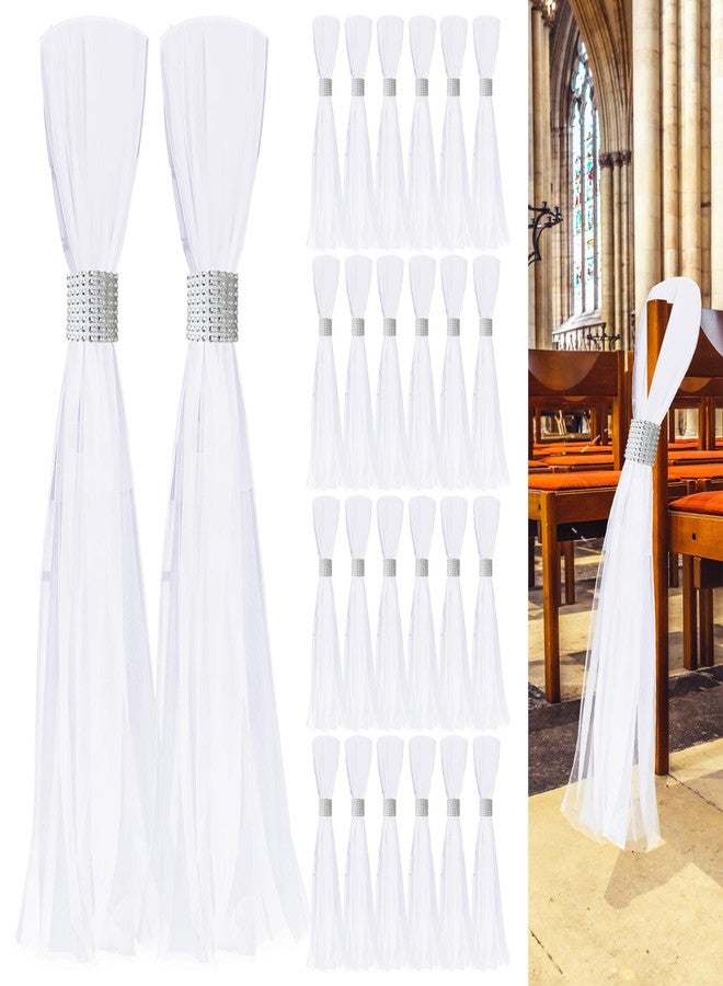 FEXICHUJI 26 Sets Large White Pew Bows Tulle Wedding Aisle Chair Decorations, Extended Church Pew Decor Aisle Flowers Runner for Weddings Ceremony Outside Decorations(Silver - Image 1