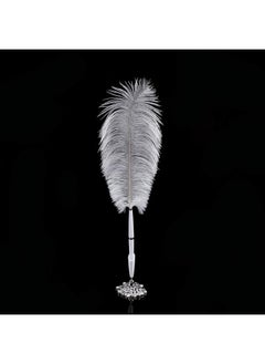 klarako 2 Colors Ostrich Feather Wedding Quill Signing Ballpoint Writing Pen With Metal Holder New White(Silver)  - Image 1