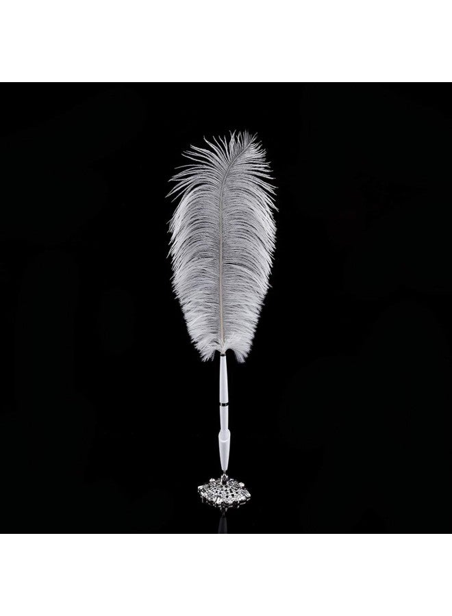 klarako 2 Colors Ostrich Feather Wedding Quill Signing Ballpoint Writing Pen With Metal Holder New White(Silver)  - Image 1